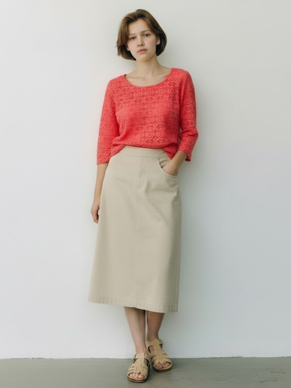 Talbots Medium Petite Salmon Lace Top 3/4 Sleeve Preppy Office Dressy Blouse